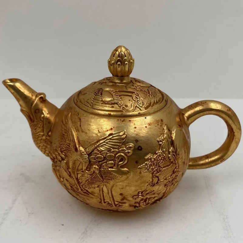 antique-crafts-copper-plating24kjinshanshui-crane-little-teapot-office-living-room-decoration-collection-gift