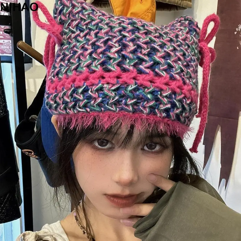 

Trendy Striped Woolen Hat Womens Contrasting Color Bow Knot Knitted Hat Bini Cap Vintage Beanies Cap Girls Ladies