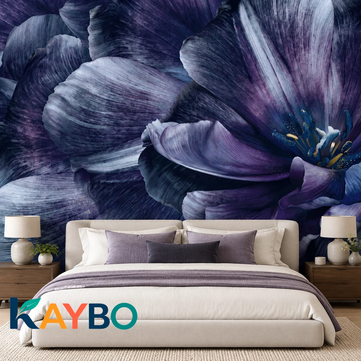 Floral Wallpaper Mural Non Self Adhesive Indigo Purple Petal Flower Macro Botanical Wall Decor Luxury Bedroom Living Room Accent
