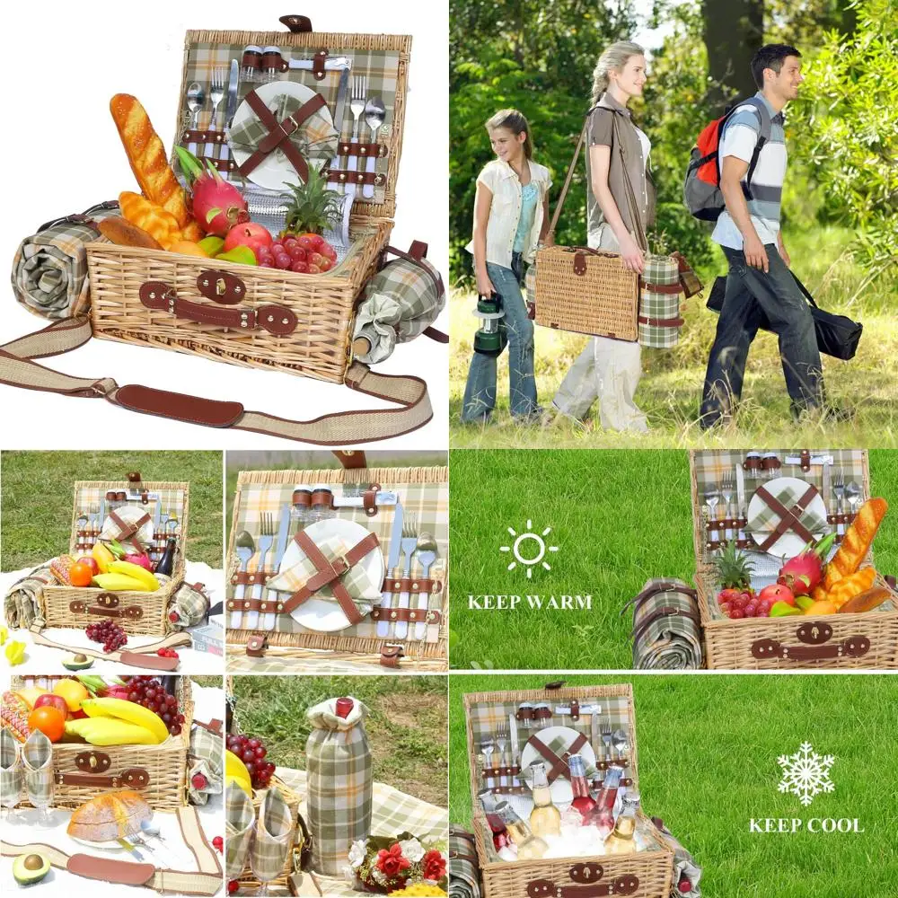 

Корзина для пикника на 2, с водонепроницаемым одеялом и мешочком для вина, изолированная плетеная корзина для пикника, большая корзина для вина для улицы,