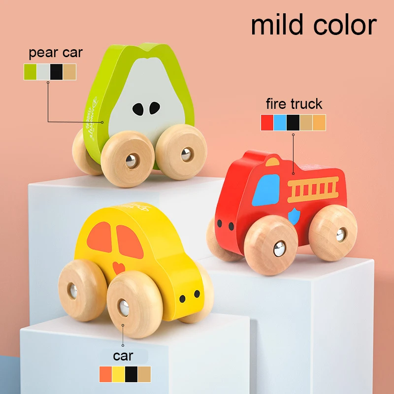 Baby Wooden Toys Cute Cartoon Fruit Sliding Car Pull Back Car Vehicle Kids Mini Traffic Inertia Car Children Gifts