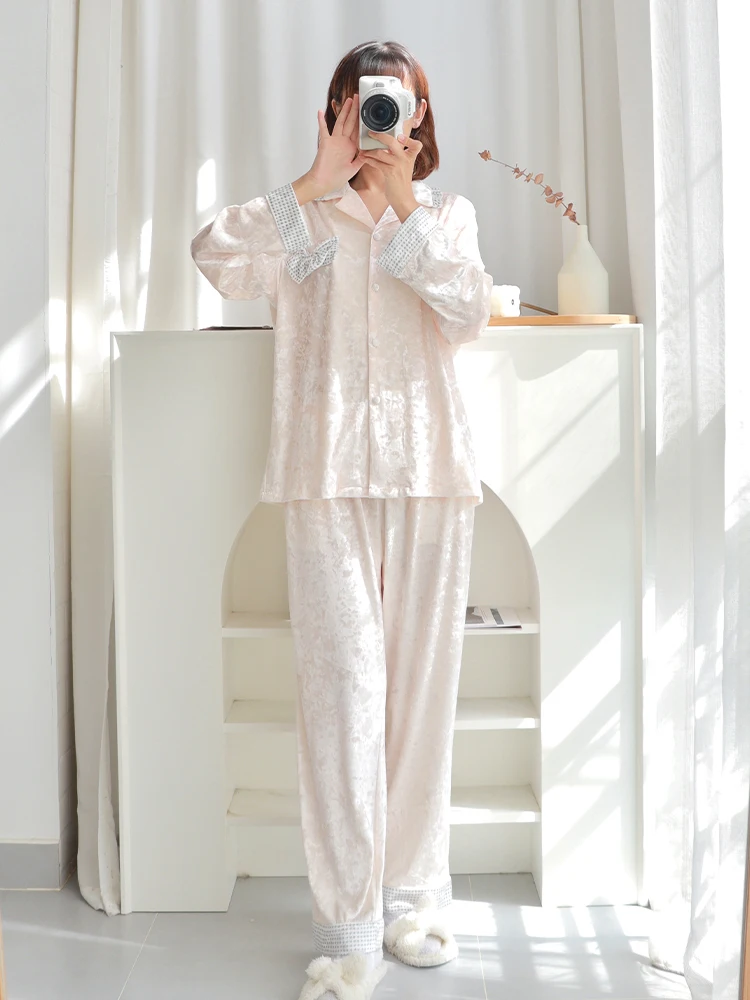 Bow Pajamas Women's Autumn and Winter 2023 New Gold Velvet Winter Long Sleeve Thin Velvet Spring and Autumn Home Suit