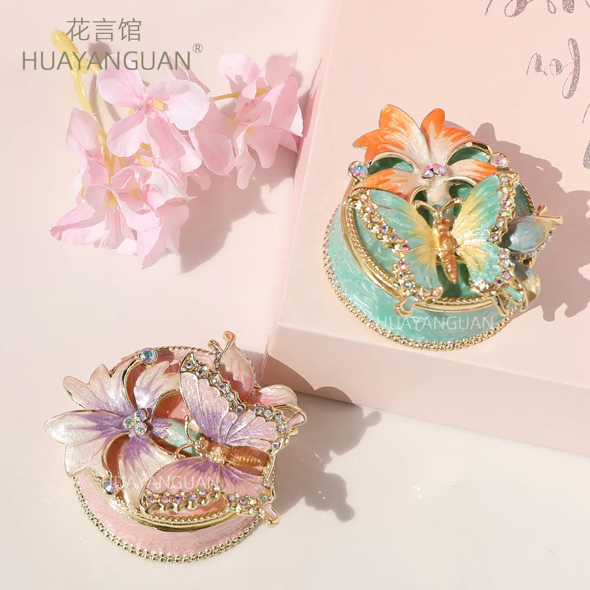 Chinese Style Butterfly Floral Jewelry Box Painted Rhinestone Storage Decorative Ornament Flower Box Home Decor