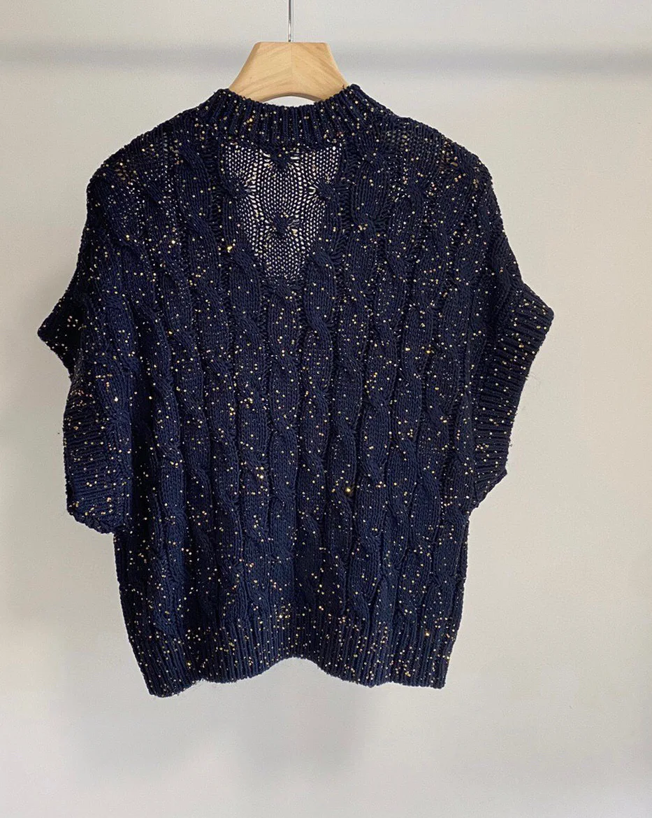 Short sleeve V-neck sequinned sweater