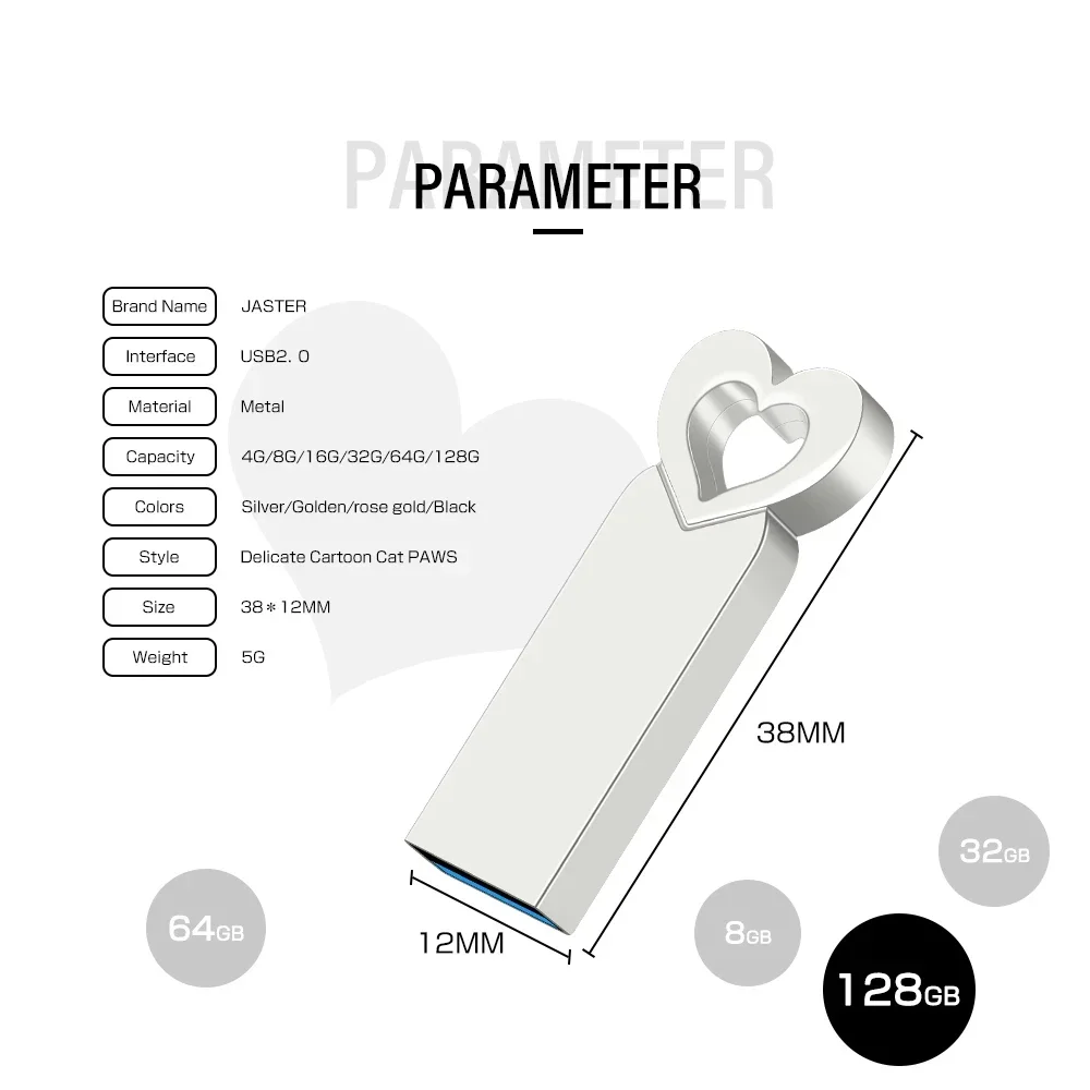 JASTER Metal USB 3.0 Flash Drive 128GB High Speed Pen Drive 64GB Silver Mini Memoria USB 32GB Heart Creative Memory Stick Gift