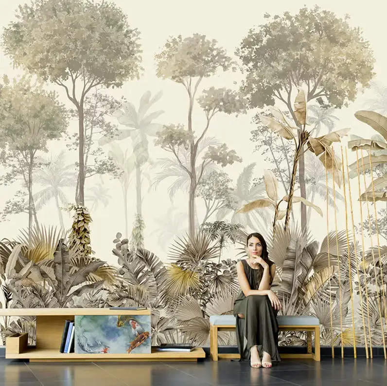 Customized Wallpaper Retro Tropical Rainforest mural Forest Jungle Abstract Plant Oil Painting Living Room Background Wallpaper