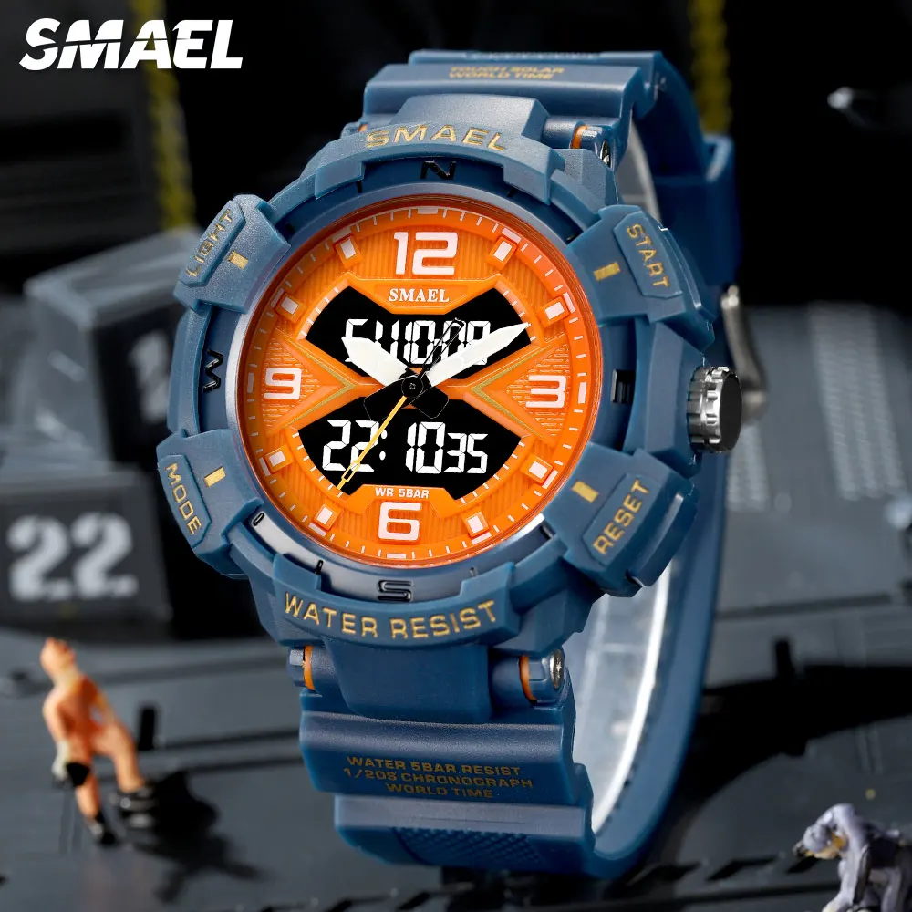 SMAEL Electronical Digital Sport Watch Men Chronograph Quartz Wristwatch with Blue Strap Orange Dial Dual Time Display Date 8076