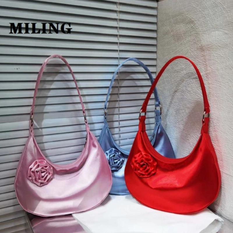 Women's Satin Hobo Bag 3D Flower Decor Small Handbag Female Solid Color Underarm Bag Top Zip Fastening Single Shoulder Bags