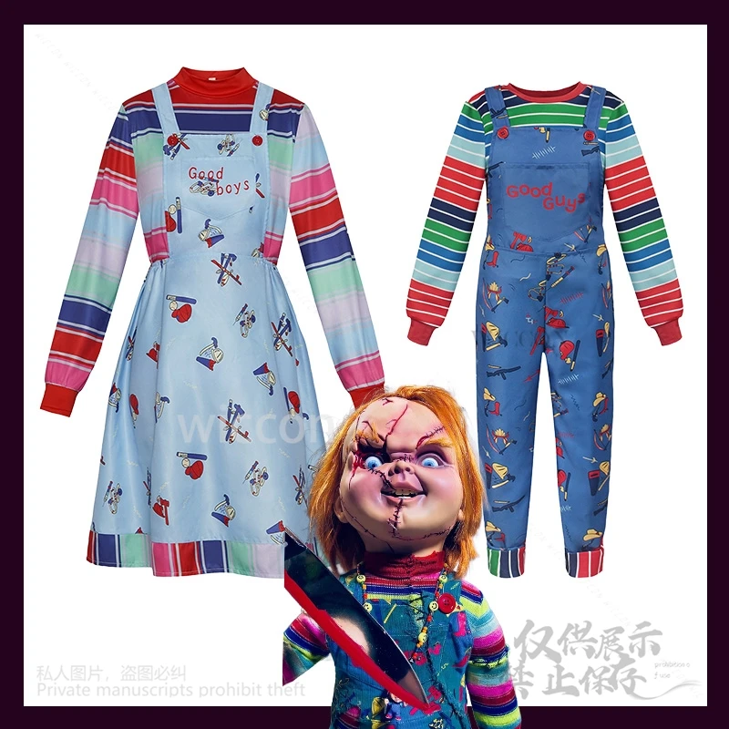 

Chuckyyy Cosplay Costume Theme Halloween Horror Outfit Colorful Striped Suspender Good Guy Merch Bloodstained Dress