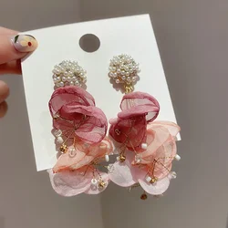 925 Silver Needle Fashion Personality Pearl Crystal Cloth flowers tassel earrings