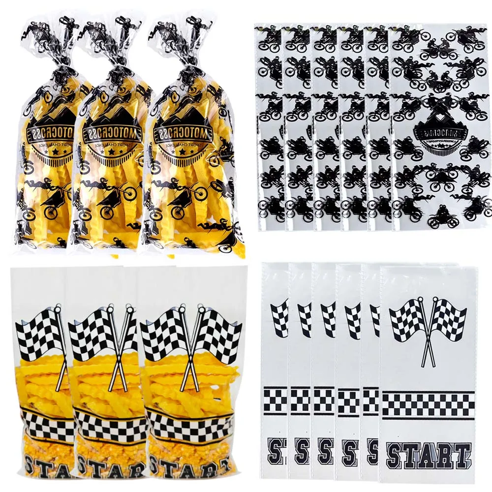 Race Car Theme Gift Bag Motorcycle Treat Candy Bags Checkered Black and White Racing Plastic Bags Kids Birthday Party Favors