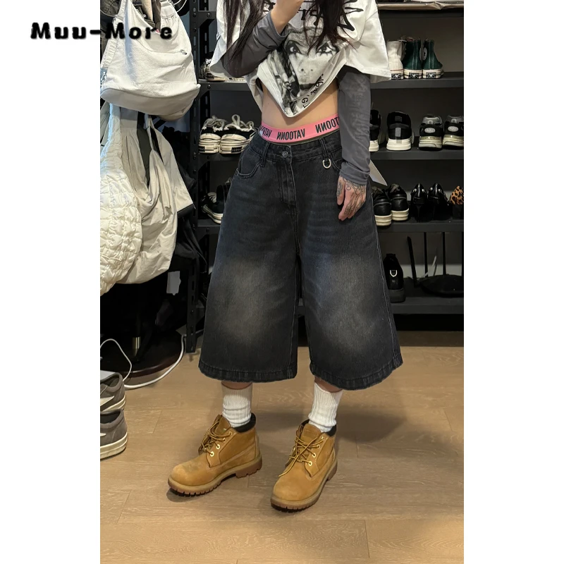 

Women's Retro Wide Leg Denim Shorts Men Harajuku Washed Loose High Waist Jeans 2024 Summer Male Baggy Casual Fashion Shorts