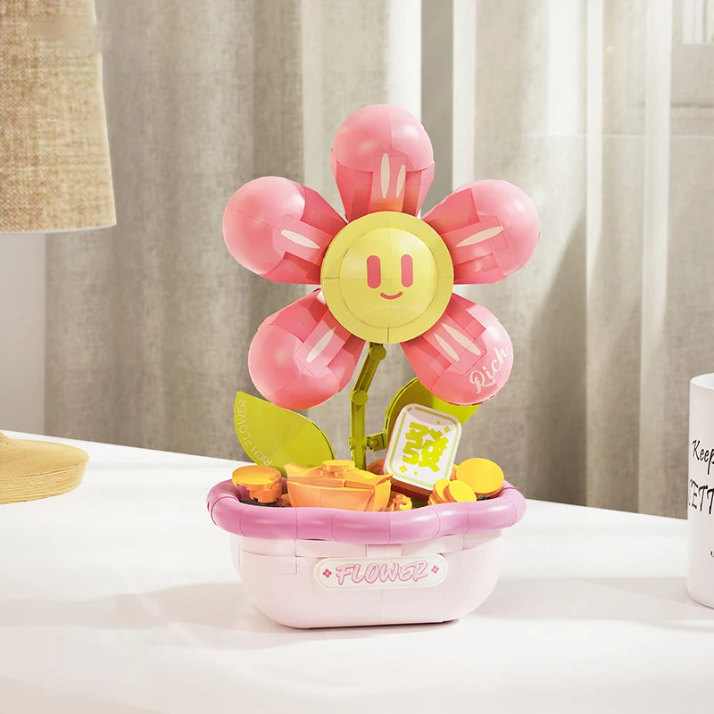 Microjuguetes de bloques de construcción de plantas en maceta con flores bonitas, adorno de escritorio Kawaii, modelo de ladrillos de árbol rico, regalos para niños y adultos