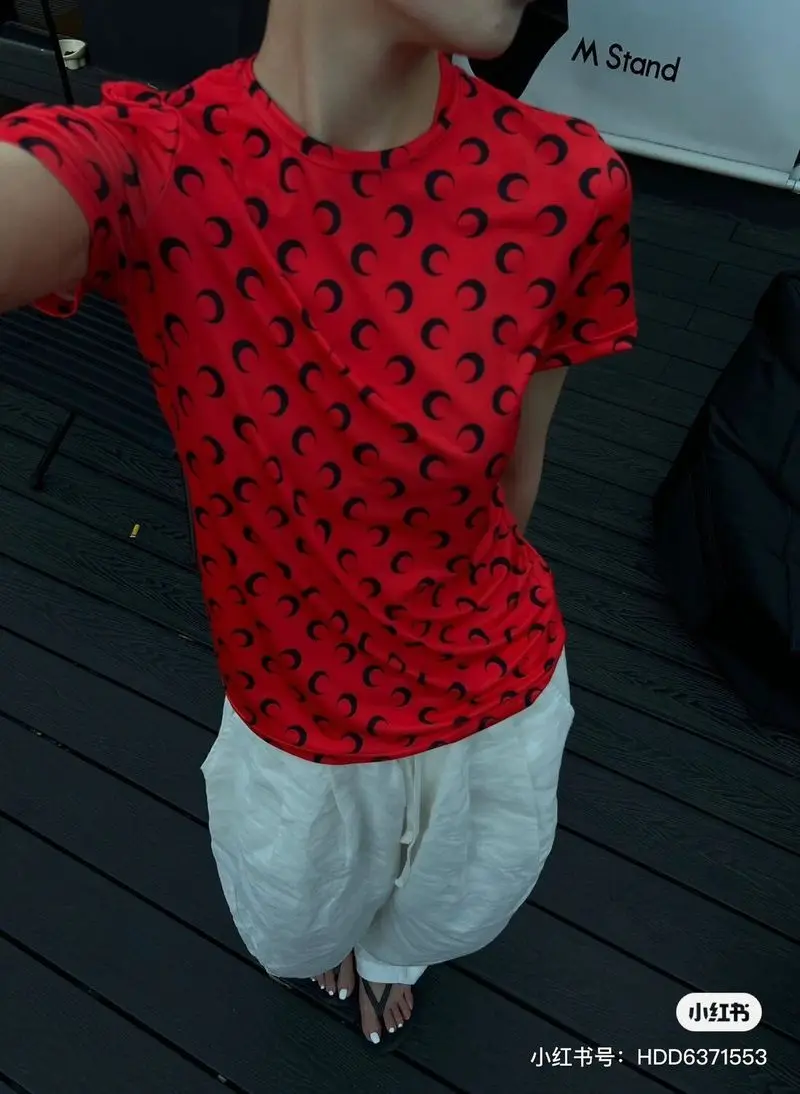 

New Summer Luxury Thin Tops Women Fashion Moon Printed Ice Silk Short Sleeve High Quality Brand Elastic T-shirt Blouse