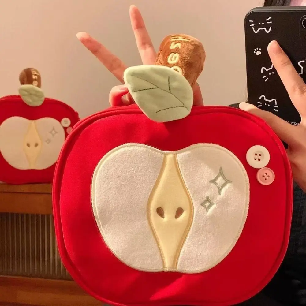 Multifunctional Portable Fruit Makeup Bag Velvet Cartoon Storage Bag Red Handle Cute Handbag Data Cable Storage