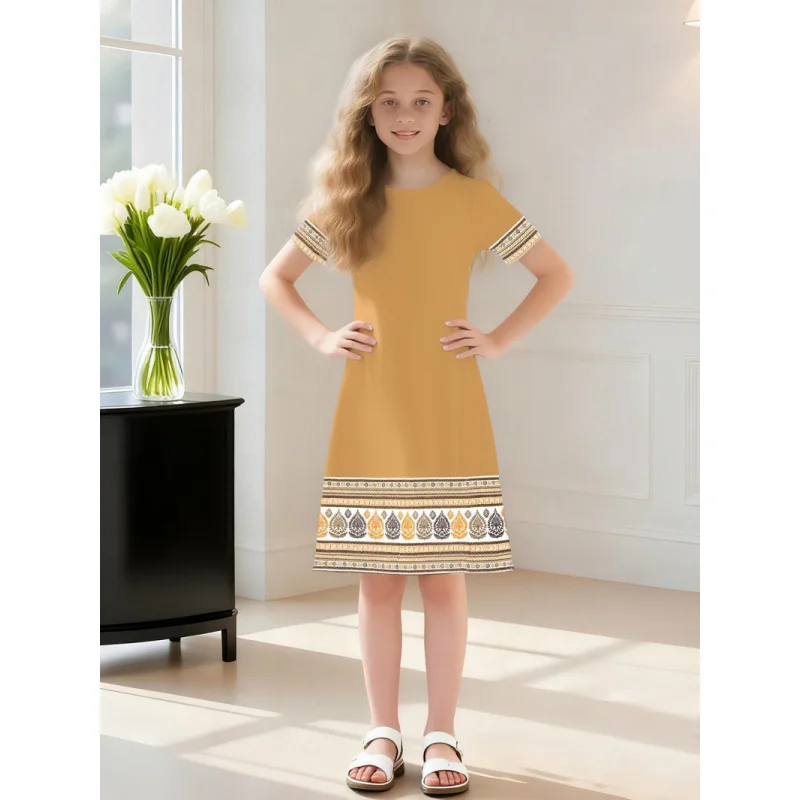 

Children's Ethnic Style Printed Dress, Short-Sleeved, Ginger, Yellow, Retro, Childlike, Girls, 2026