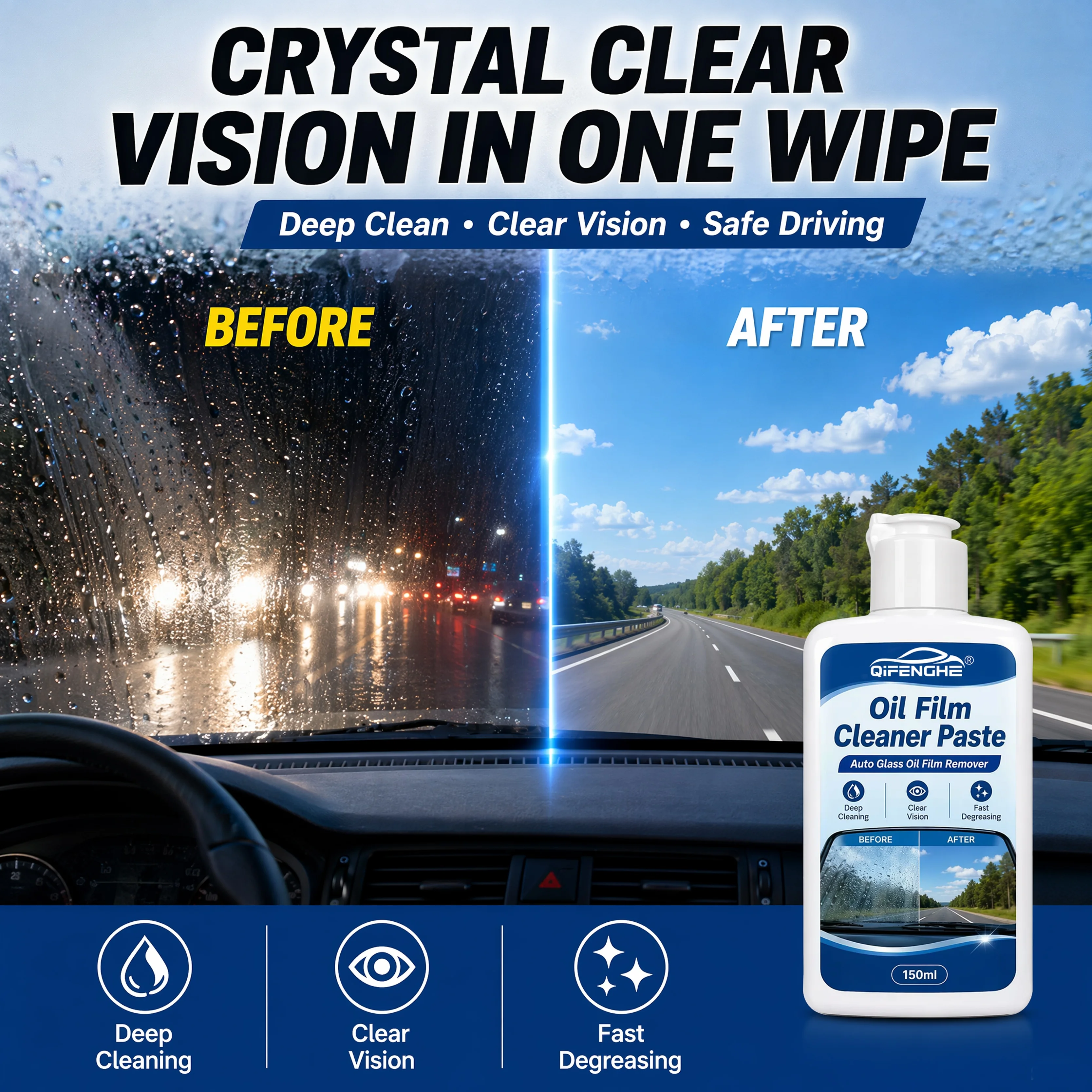 Car Glass Oil Film Cleaner Paste 150ml, Automotive Windshield Oil Stain Remover, Deep Cleaning Fast Degreasing