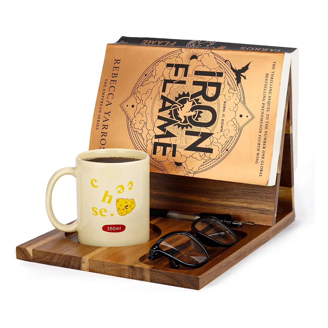 Acacia Wood Book Stand for Reading Rest Triangle Book Holder with Cup Glasses Pen Phone Holder Book Nook Reading Valet Foldable