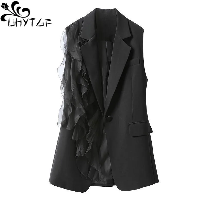 

Women Pure Colour Black Suit Vest Cardigan Female Summer 2024 New Korean Fashion Stitching Chiffon Wood Ear Waistcoat Long Vest