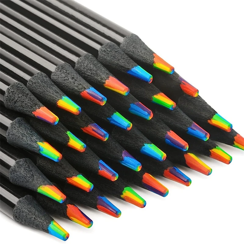 10Pcs Rainbow Colored Pencils Multicolored 7 in 1 Wooden Bulk Rainbow Pencil Drawing Coloring Sketching Art Supplies Black color