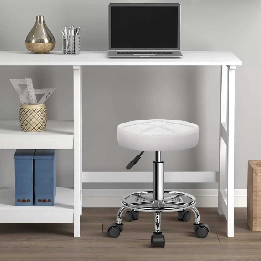 Adjustable Rolling Stool Chair with PU Leather, Swivel & Wheels for Office Salon Home (White)