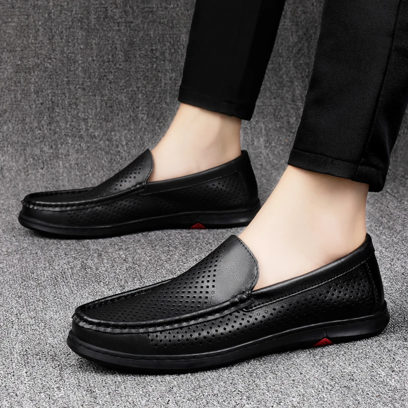 2023 Men Black Hollowed Out Leather Shoes Brand Summer Genuine Leather Mens Loafers Moccasins  Breathable Slip on Driving Shoes