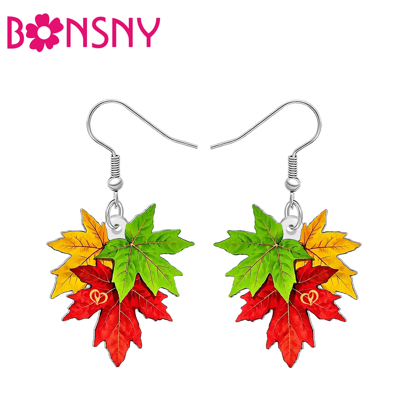 BONSNY Acrylic Autumn Maple Leaf Earrings Realistic Fall Leaves Dangle Color Block Plant Jewelry Gifts For Women Girls Charms