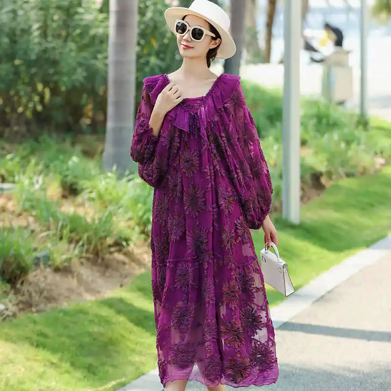 High End V-Neck+Ruffled Edge Silk Women's Lantern Sleeves  Fashionable And youthful Embroidered Loose Beach Dress One Size