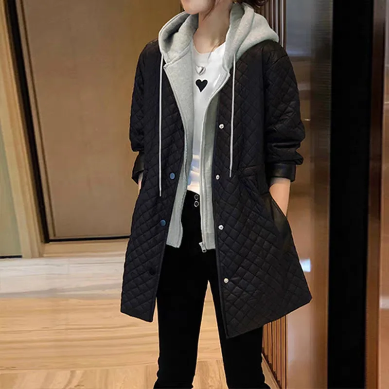Hooded Spliced Women Parkas Coats Mid Lenth Overcoat Solid Zipper Long Sleeves Loose Thick Office Lady Casual Autumn Winter 2025