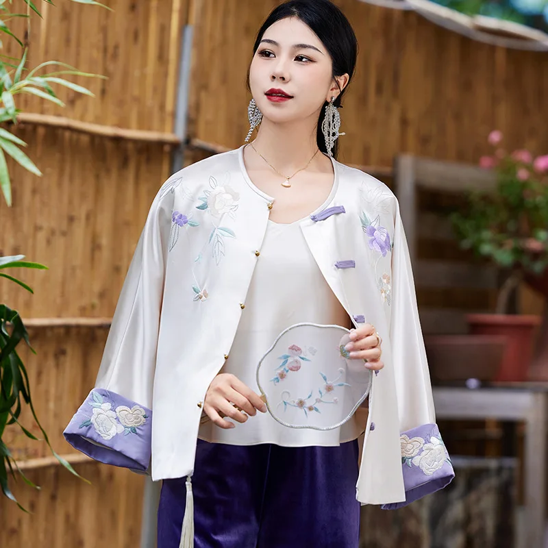 High-Quality Women's New Acetate Embroidery Chinese Style Jacket Autumn Fashion O-Neck Contrast Cuffs Elegant Top S-XXL