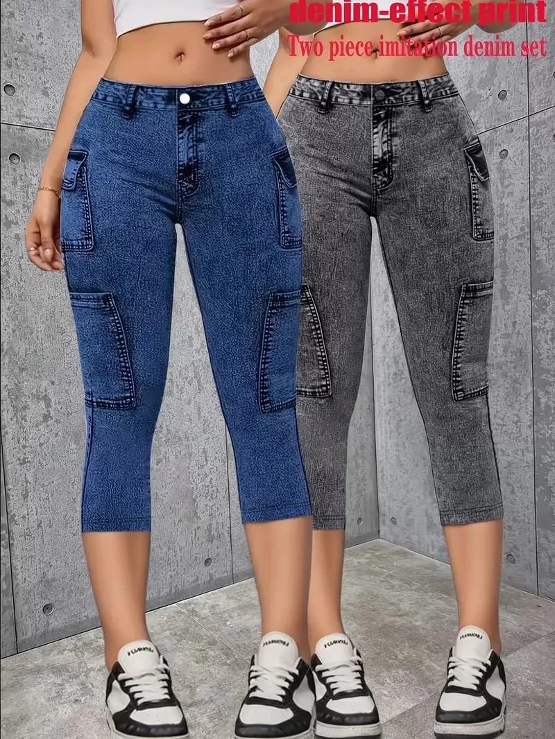 2-Pack Faux Denim Printed Capri Leggings. High-Elastic and Slim-Fitting, Ideal for Sports, Casual, and Various Styles of Wear.