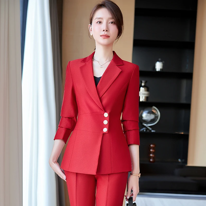 NAVIU High Quality Pants Suit Ladies Blue Red Black Women Business Work Wear Formal 2 Piece Set Female Blazer Jacket And Trouses