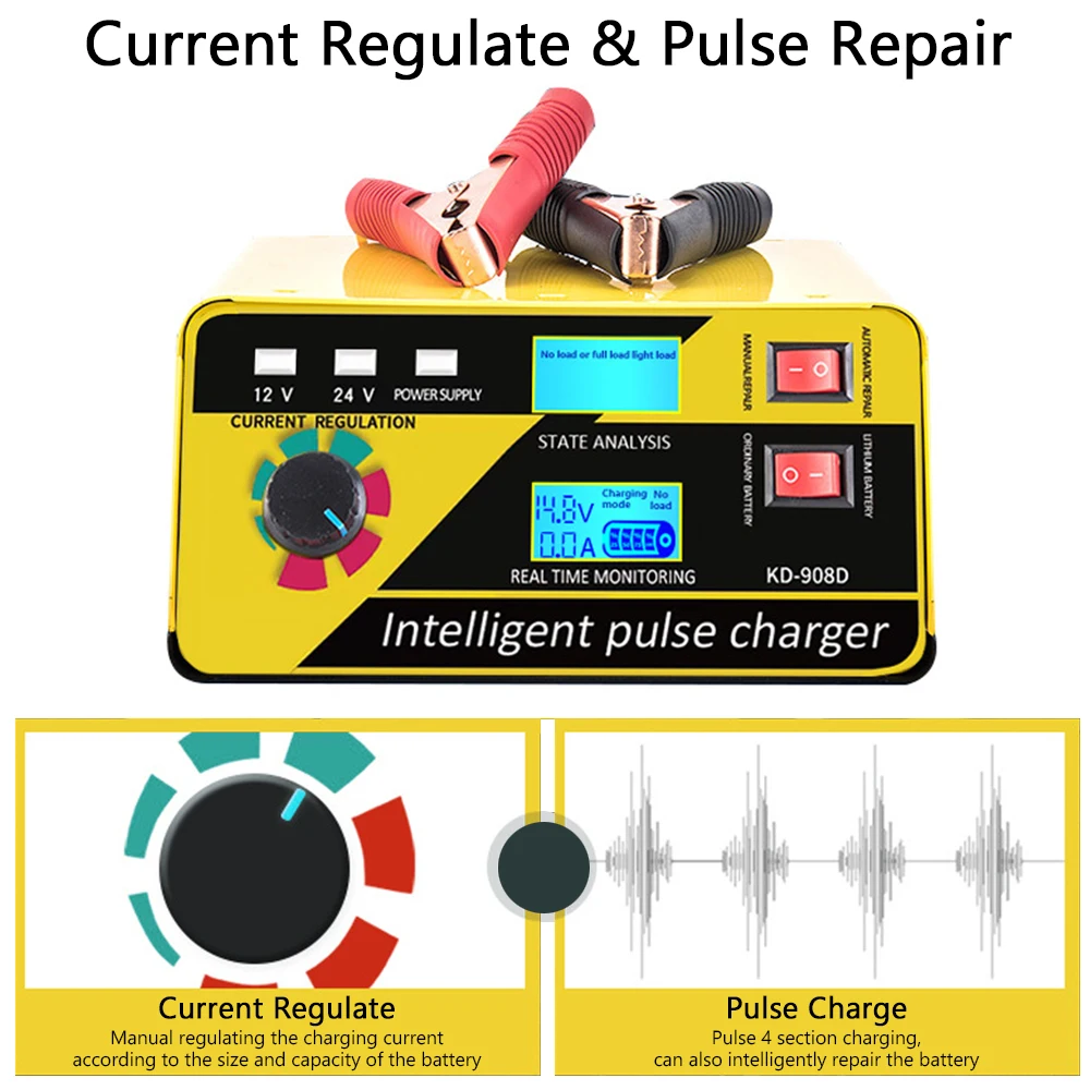 Current Regulate Car Battery Charger Fully Automatic Pulse Repair 260W 12V/20A 24V/10A For Lithium Lead Acid Batteries