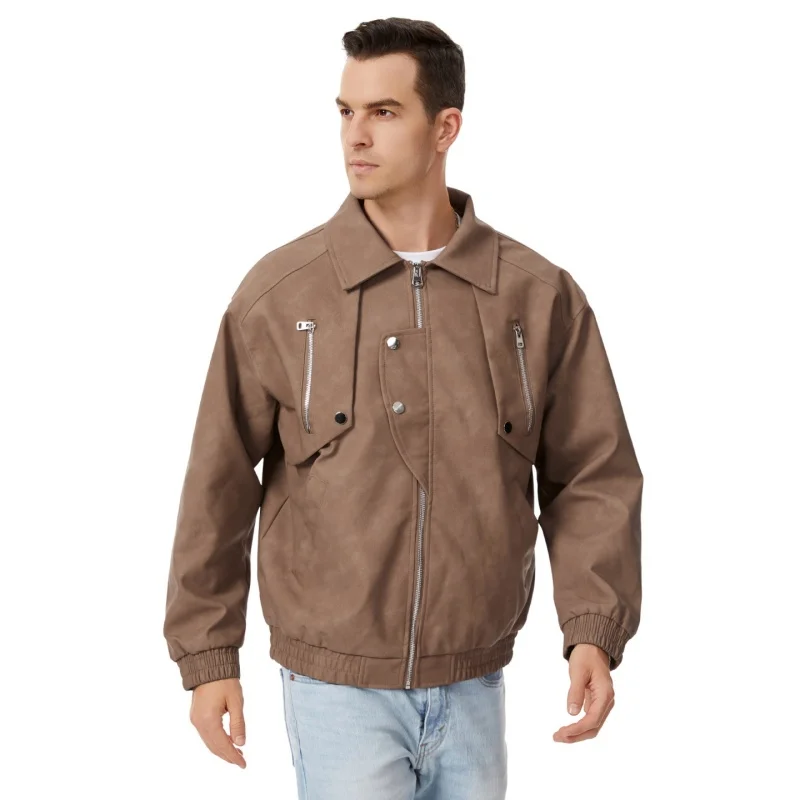 

New Four Season Men's Motorcycle Jacket Features Simple Versatile Stand Collar Leather Jacket Loose Fashion Coat Men's Clothing