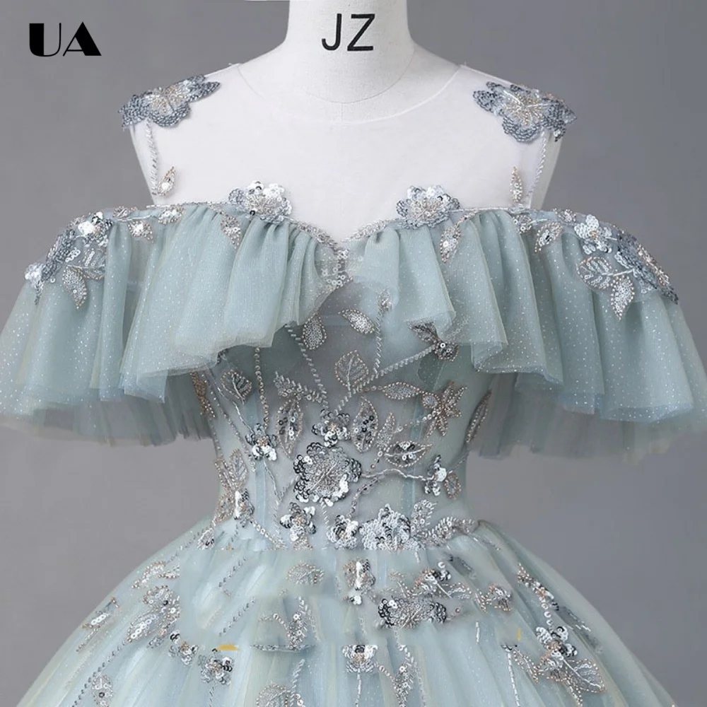 

Платье ULBYANRY на заказ, сетчатое, А-силуэта, с открытыми плечами, для Sweet 15, блестящее, с пайетками, для Quinceanera, элегантное бальное платье с круглым вырезом