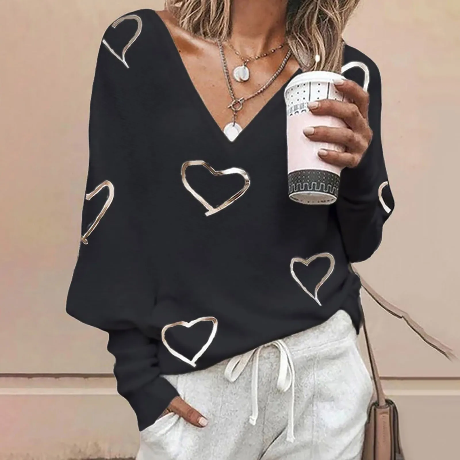 Elegant Heart Bronzing Print V-Neck Women Blouse Summer Long Sleeve Pullover Ladies Shirts Casual Loose Femme Streetwear Blusa