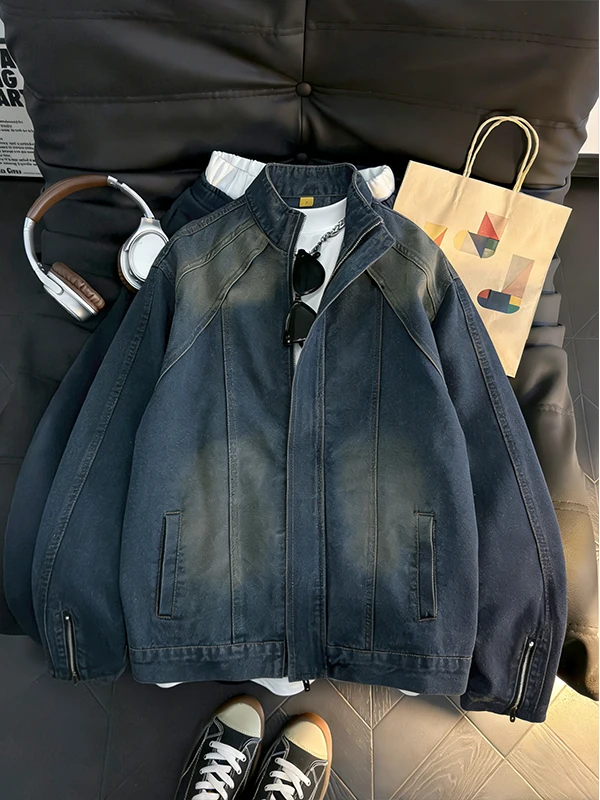 

Винтажная мужская джинсовая куртка Waed с воротником-стойкой, свободного кроя, на молнии, повседневная, весна-осень, универсальная, американский бренд