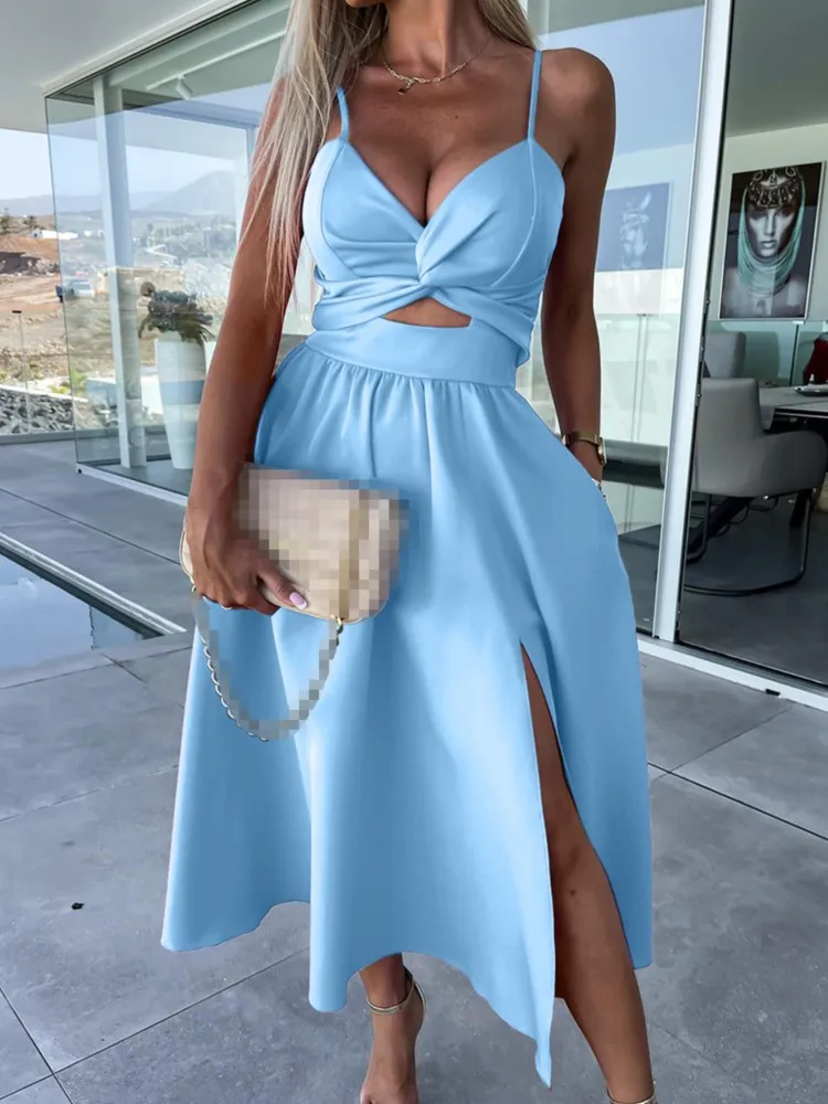 

Summer Fashion Women Corset Party Elegant Strap V Neck Hollow Large Swing Split Banquet Dress Casual Sleeveless Sling Dress