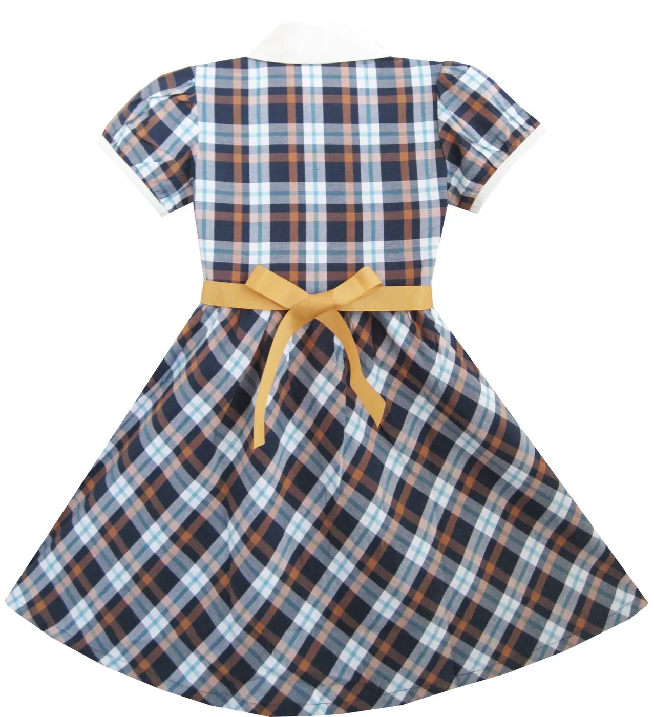 Girls Dress White Collar Gray Navy Blue Plaid Checks School Uniform Kids