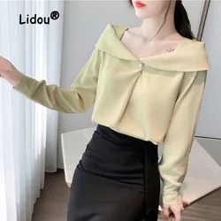 Temperament Fashion Button Ornament Blouse New Classic Long Sleeve Slim Slash Neck Autumn All-match Chiffon Pullover Shirt 2023