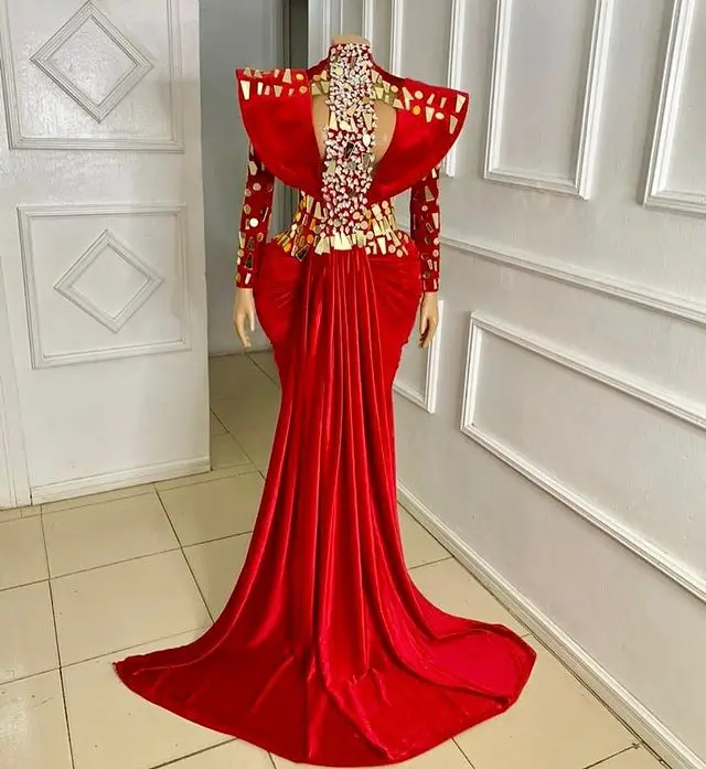 Emerald Green Mermai Prom Dresses High Neck Long Sleeve Velvet Mirror Crystal African Aso Ebi Evening Gown Vestidos de gala