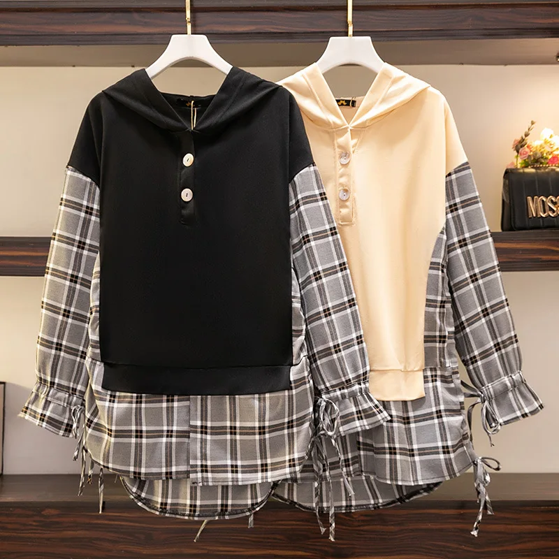 150Kg Plus Size Women\'s Bust 157cm Spring Autumn Loose Stitching Fake Two-Piece Plaid Hooded Sweatshirts 5XL 6XL 7XL 8XL 9XL