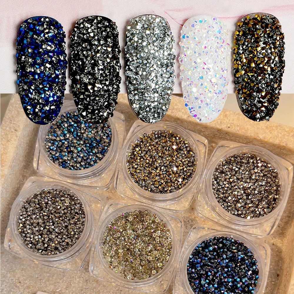 1 jar mini contas de amuleto de fundo pontiagudo 3d glitter encantos de unhas bronze azul cristal caviar prego vidro strass contas de microcristal