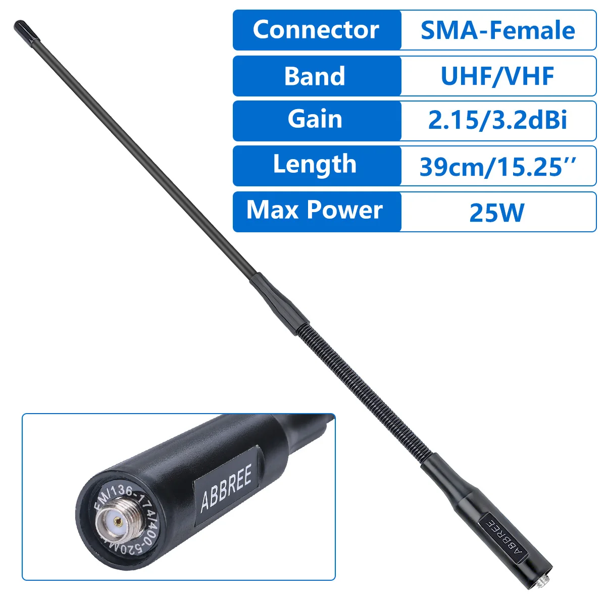 ABBREE AR-166 Antena Walkie Talkie Cuello Cisne SMA-Hembra UHF VHF - imagen 3