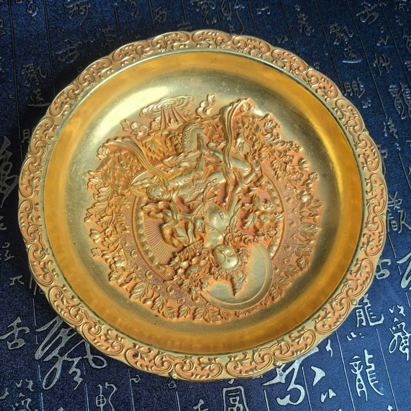 Antique Bronze Guanyin Plate 22cm with Eight Diagrams Mirror Relief Craft Ornament