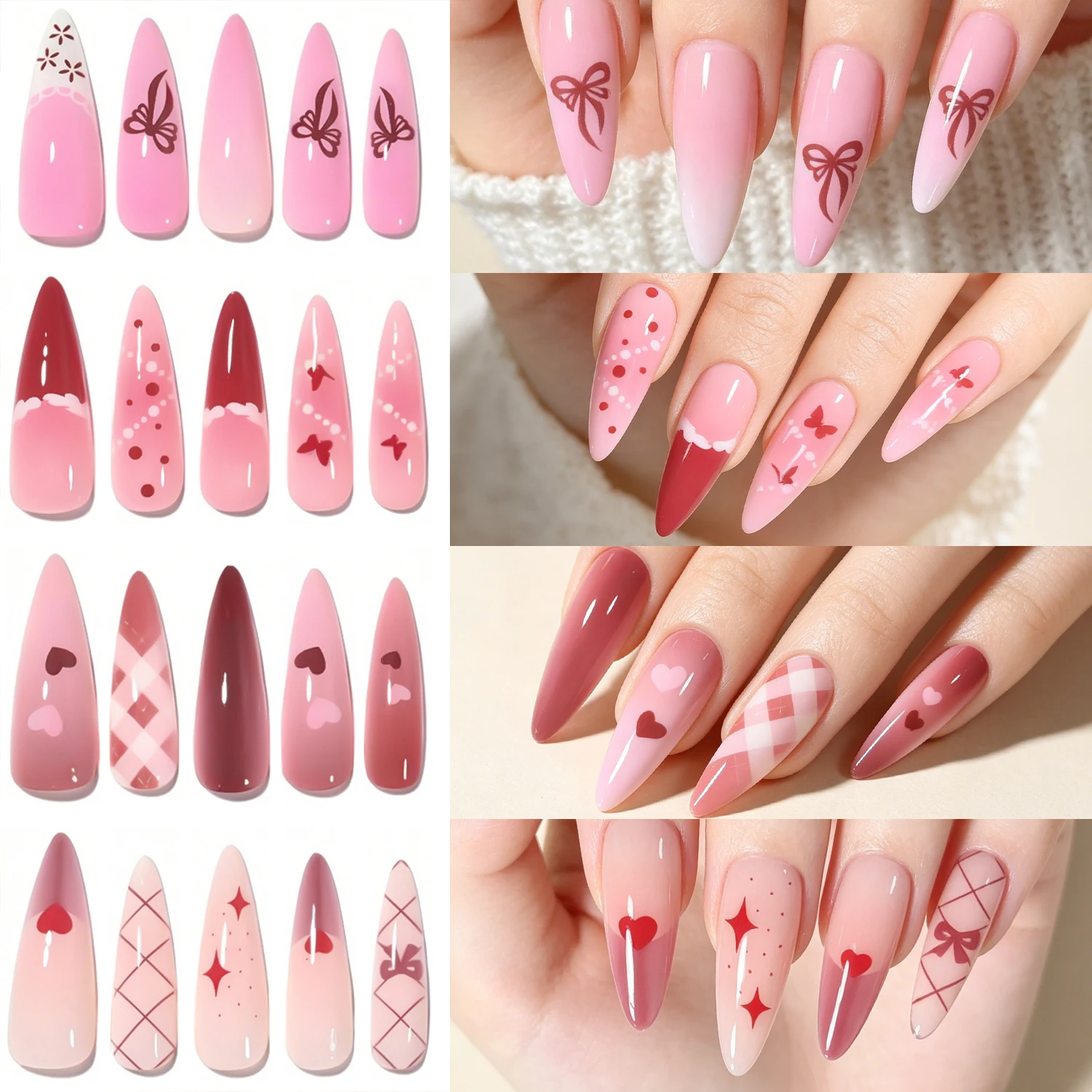 4 Styles Press On Nails Long Stiletto Pink Gradient Fake Nails With Bow Heart Plaid Design Sweet Pre Glued False Nails For Women