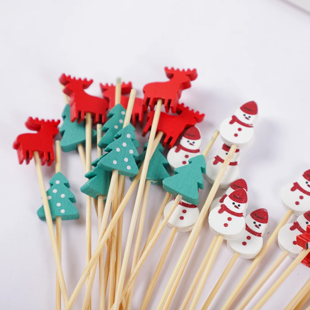 100Pcs Christmas Tree Snowman Disposable Bamboo Skewers Food Picks Fruit Fork Christmas Party Decor Cake Dessert Toothpick