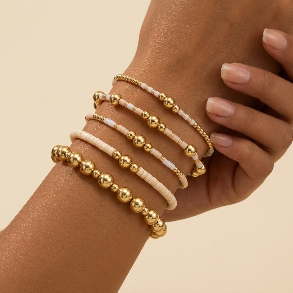 

5PCS Bohemian Style Handmade Copper Bead Glass Bead Elastic Rope Bracelets Unisex Wristwear