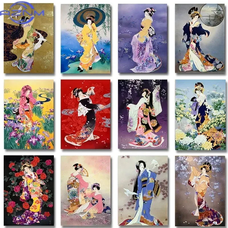 Retro Japanese Geisha Woman with Flower Canvas Painting Art Posters and Prints Wall Art Modern Picture Mural Living Room Decor