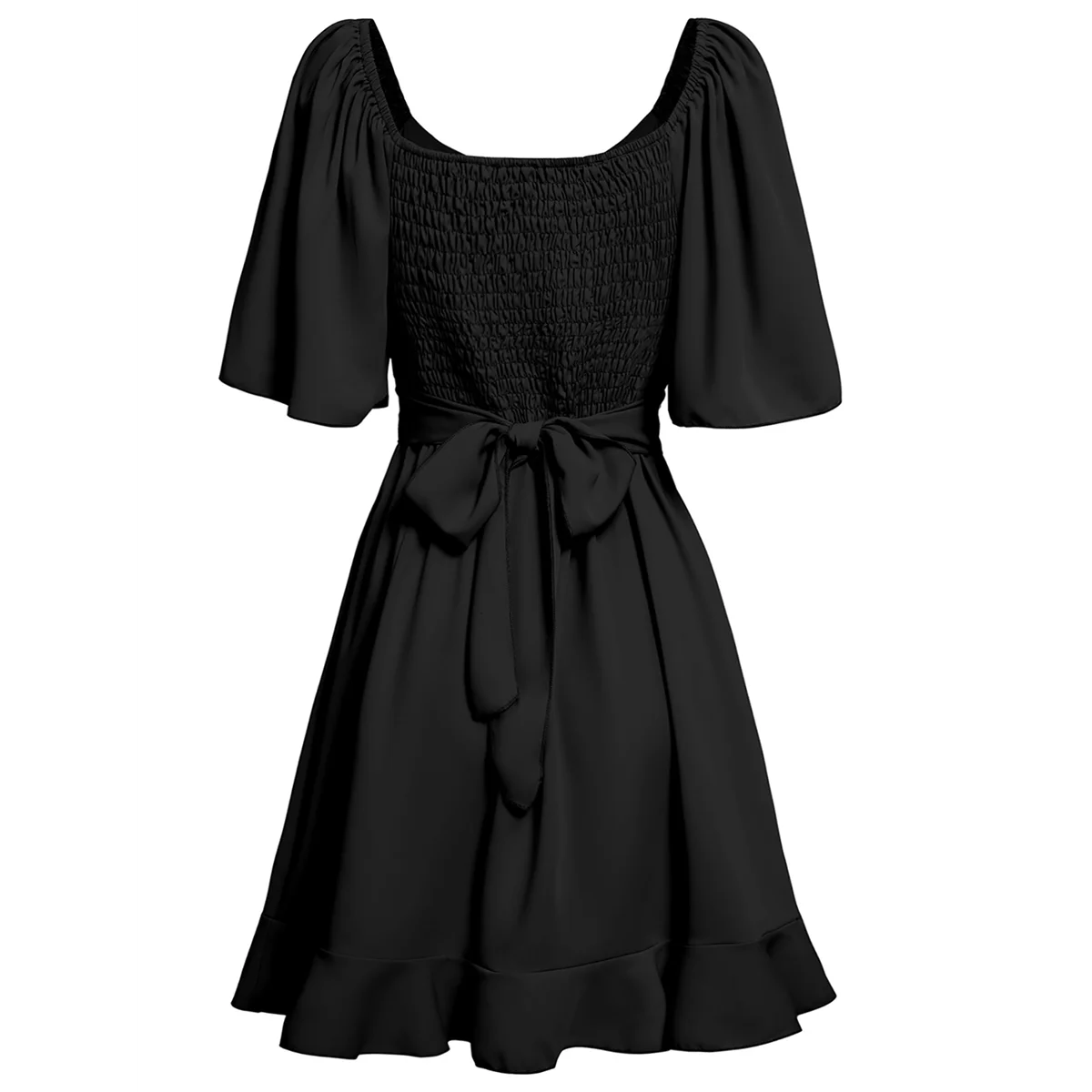 Robe portefeuille pour femmes, col en V, manches courtes évasées, pour invités de mariage, smockée, taille élastique, ceinture à plusieurs niveaux, ourlet à volants, Mini robe